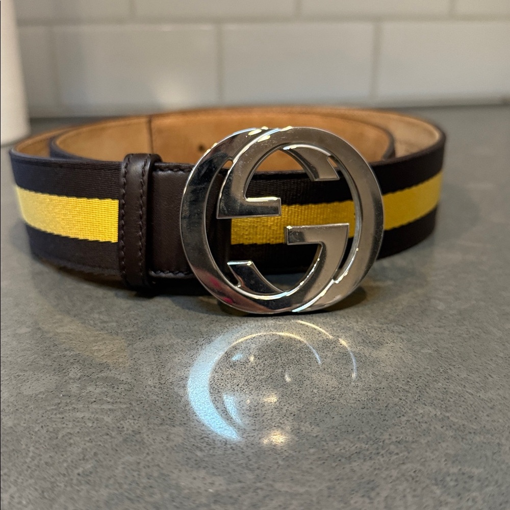 Gucci Chocolate Brown/Yellow GG Belt size 90 Pant size 8